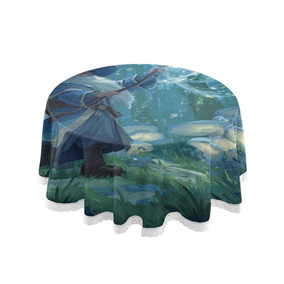 Round Single Sided Printed Tablecloth, 60 Inch Polyester Round Table Cover with White Lace Trim, Wrinkle Resistant Decorative Table Cloth for Home Wizard Casting Forest Magic