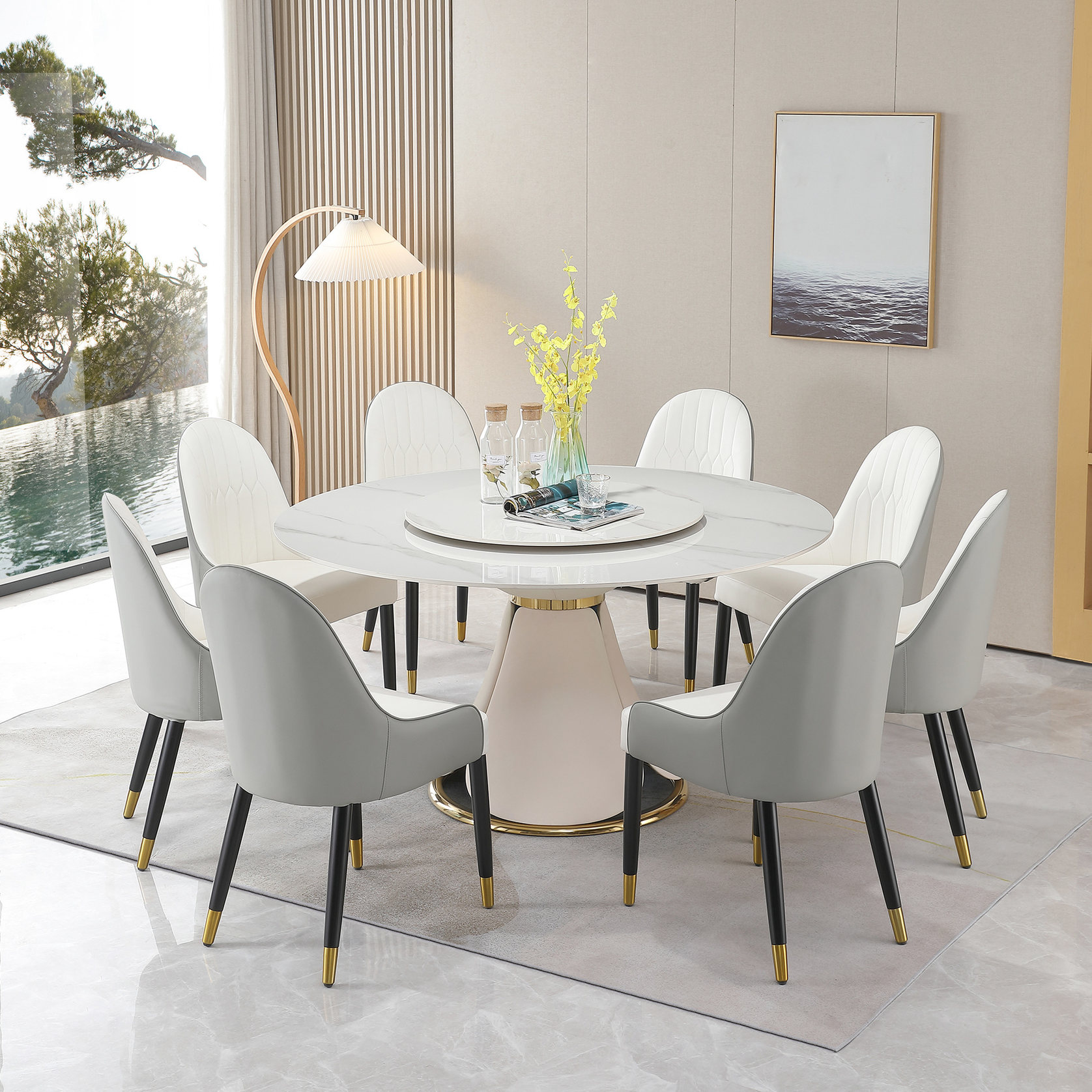 Round Sintered Stone Dining Table Set with Lazy Susan and 8 Solid Wood ...