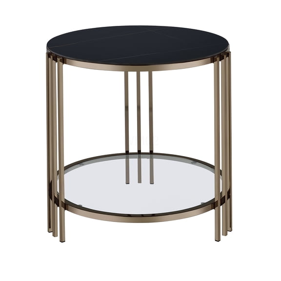Round Sintered Stone End Table with Champagne Metal Frame, Black Accent Table for Living Room, Bedroom or Office