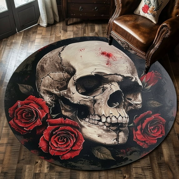 Round Skull and Red Rose Rug 4 ft =120 cm