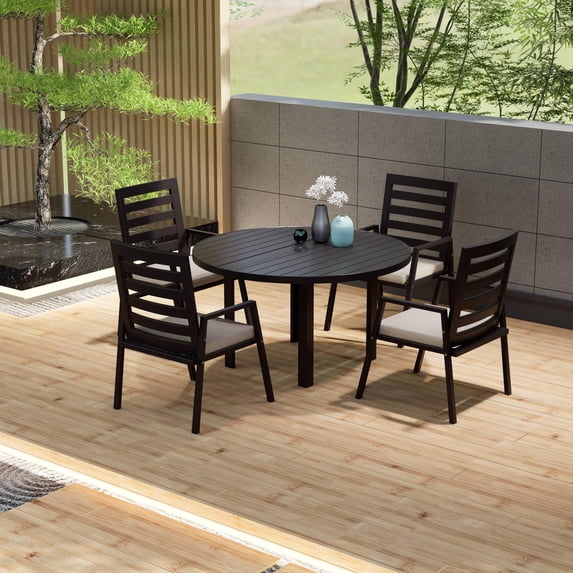 LeisureMod Chelsea 48" Round Black Aluminum Outdoor Patio Dining Table – Modern 4-Seater for Backyard or Deck