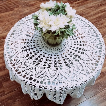 Round Small Lace Table Cloth - Vintage Manual Crochet Flowers Tablecloth for Round Coffee Table White