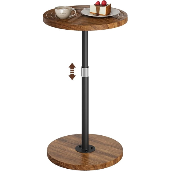 Round Small Side Table, Adjustable-Height Drink Table, Pedestal Martini Stand, Weighted Base Cocktail Table Accent Nightstand for Living Room, Bedroom, Bathroom, Office, Walnut