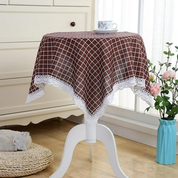Round Small Table Cloth - Plaid Macrame Lace Tablecloth for Round Coffee Table 43.1 Inch