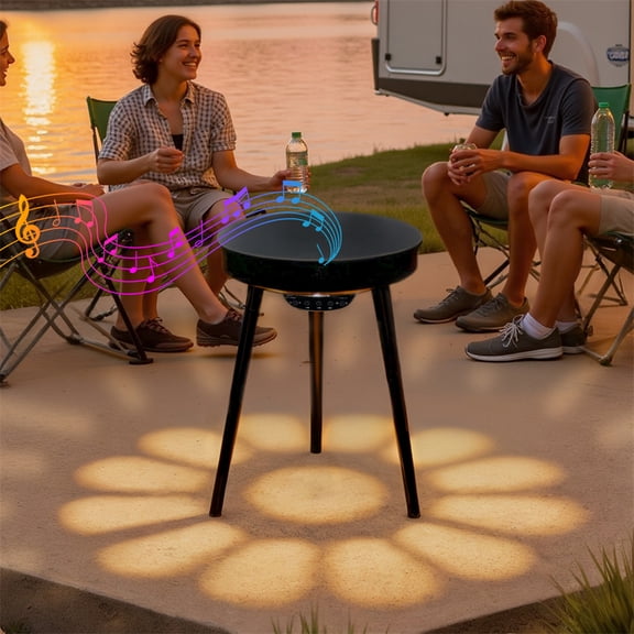 Round Smart Bluetooth End Side Table Nightstand Bed Table Storage for Indoor Outdoor Music Play, 15.75x22.44 inch, Black Color