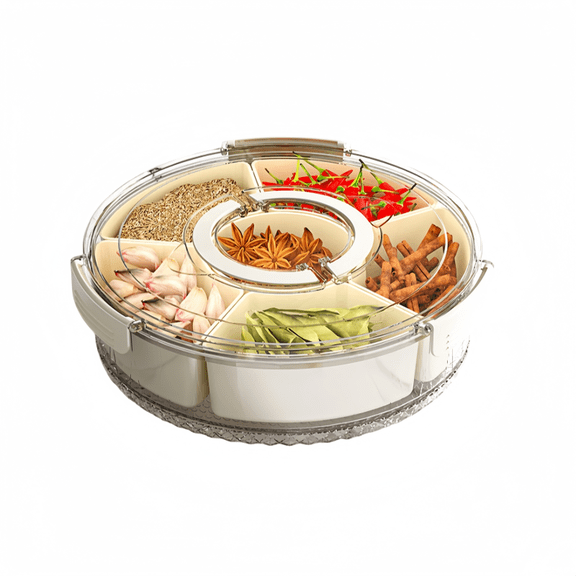 Round Snackle Box with 6 Compartments, 360-Degree Rotating Serving Tray with Center Dip Cup and Lid