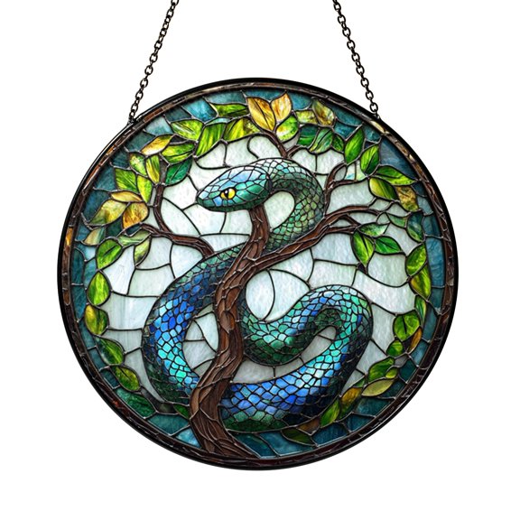 Round Snake Stained Glass Window Suncatcher, Elegant Reptile Design for Unique Home Decoration
