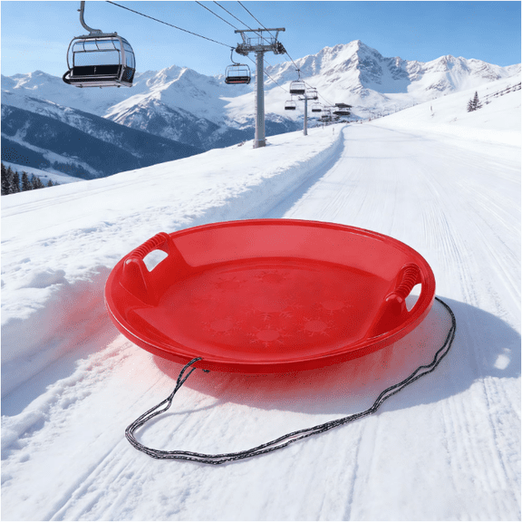 CCMAOLU Red Round Snow Sled Disc for Kids and Adults, Thick Portable Skiing Pad with Anti-Skid Sunk Seat, Versatile Slider for Snow, Grass, and Sand, Comfortable Oversized Handle Design up to 220lbs