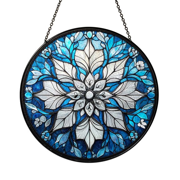 Round Snowflake Stained Glass Suncatcher Window Hanging, Winter Inspired Decorative Glass Art Panel, Seasonal Holiday Ornament Gift