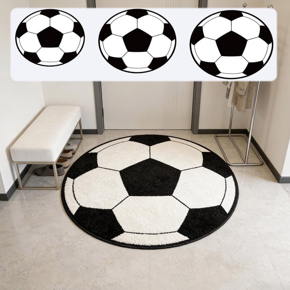 Round Soccer Rug, 23.6" Soft Sports Ball Themed Area Rug, Fluffy Football Carpet for Home Bedroom Living Room Office Party Holiday Daily Use