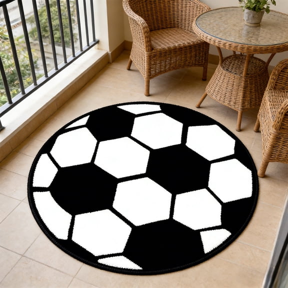 Round Soccer Rug, Soccer Shaped Plush Mat, Super Soft Comfy Football Rug for Bedroom, Living Room, Bathroom, Non Slip Sports Carpet, Stuffed Throw Pillow Decor, Soft and Comfy Sports Themed Rug