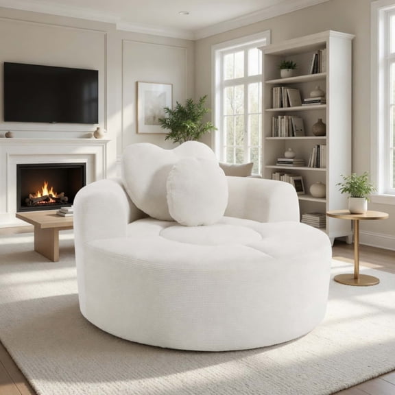 Round Sofa Bed with Memory Foam, Cloud Sectional Couch for Living Room with 3 Pillows, Beige