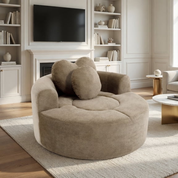 Round Sofa Bed with Memory Foam, Cloud Sectional Couch for Living Room with 3 Pillows, Brown