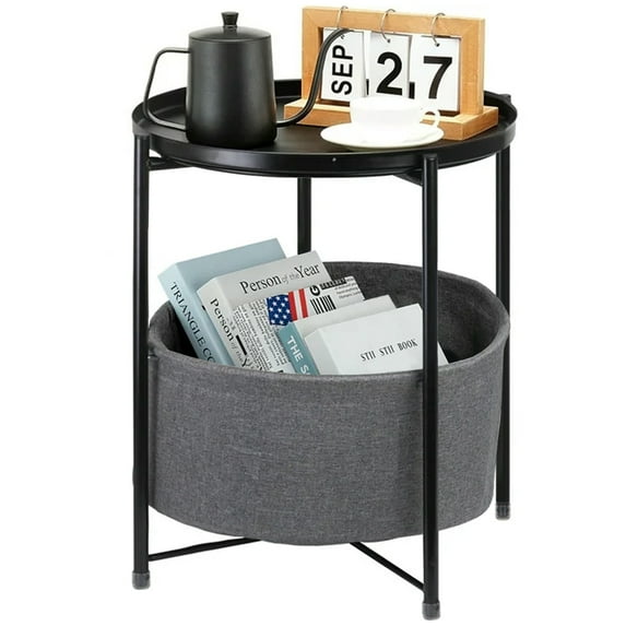 Round Sofa Side Table End Table with Storage Fabric Basket for Living Room Bedroom Removable Tabletop Home Nightstand, Black