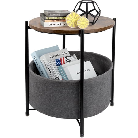 Round Sofa Side Table End Table with Storage Fabric Basket for Living Room Bedroom Removable Tabletop Home Nightstand, Rustic Brown