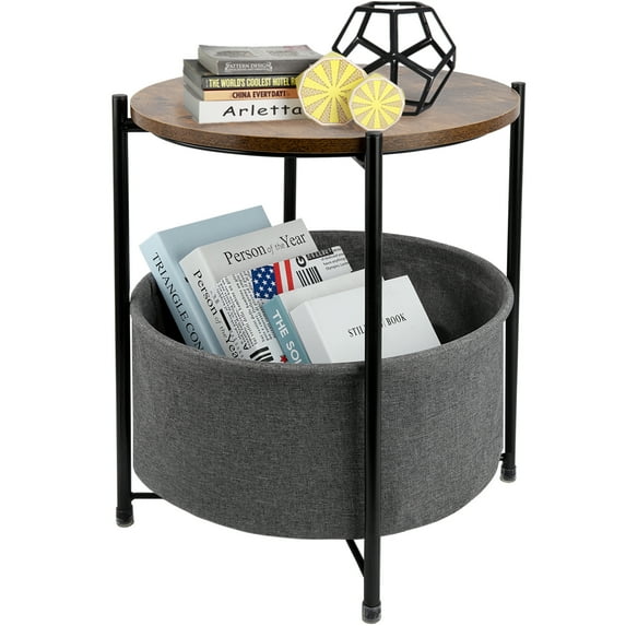 Round Sofa Side Table End Table with Storage Fabric Basket for Living Room Bedroom Removable Tabletop Home Nightstand, Rustic Brown