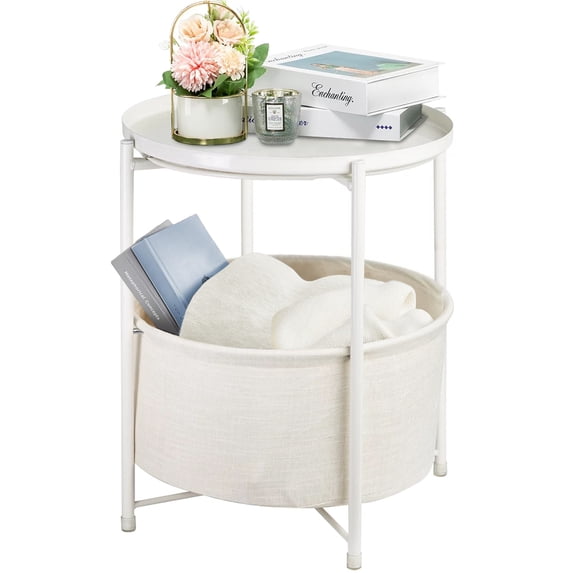 Round Sofa Side Table End Table with Storage Fabric Basket for Living Room Bedroom Removable Tabletop Home Nightstand, White