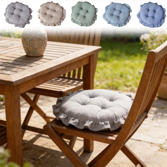 Round Solid Color Ruffled Cushion with Lace,Fabric Non-Slip Soft Chair Pad,Ruffled Skirt Seat Cover for Wooden Dinner Chair,15.75x15.75x0.8 in (Light Blue)
