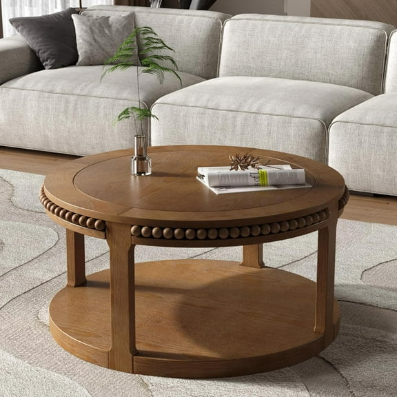 Round Solid Wood Coffee Table with Thickened Top, 2 Tier Coffee Table with Real Wood Beads, Circle Center Table for Small Space Living Room, Walnut Brown
