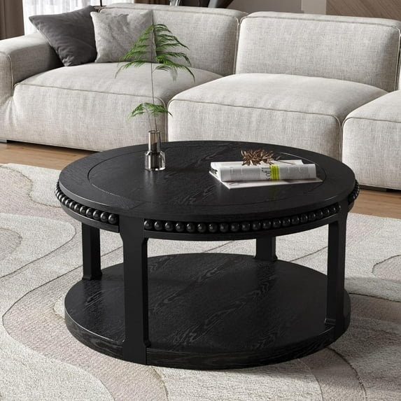 Round Solid Wood Coffee Table with Thickened Top, 2 Tier Coffee Table with Real Wood Beads, Circle Center Table for Small Space Living Room, Black