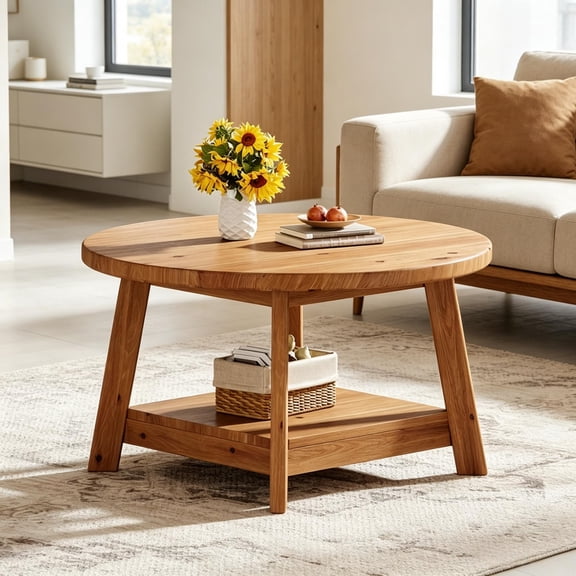 Round Solid Wood End Table 31.5 Inch Farmhouse Coffee Side Table with Angled Legs 150 LBS Capacity Accent Table for Living Room Office Lounge