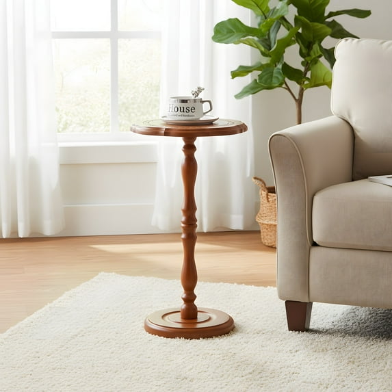 Round Solid Wood Side Table - Retro Accent Table for Living Room