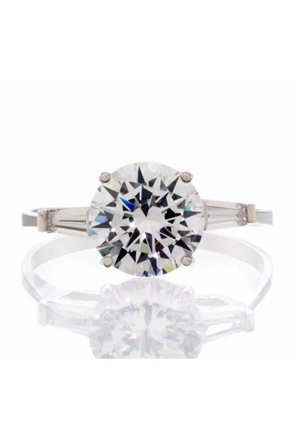 Round Solitaire Baguette Cubic Zirconia Engagement Ring In White Gold Plated Sterling Silver