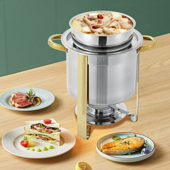 Round Soup Warmer Stainless Steel, Large Soup Chafer with Pot Lid and Fuel Holder