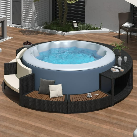 Round Spa Surround Furniture, 80" Hot Tub Accessories Spa Frame Outdoor Rattan Sectional Sofa Set with Storage Spaces and Mini Sofa, Hot Tub Surround Patio Furniture Set, Gray Cushion