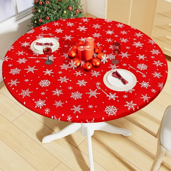 Round Spandex Christmas Tablecloth, Elastic Fitted Waterproof Tablecloths for 45"-56" Tables, Stretch Washable Picnic Table Cover for Christmas Dinner, Dot Snowflake