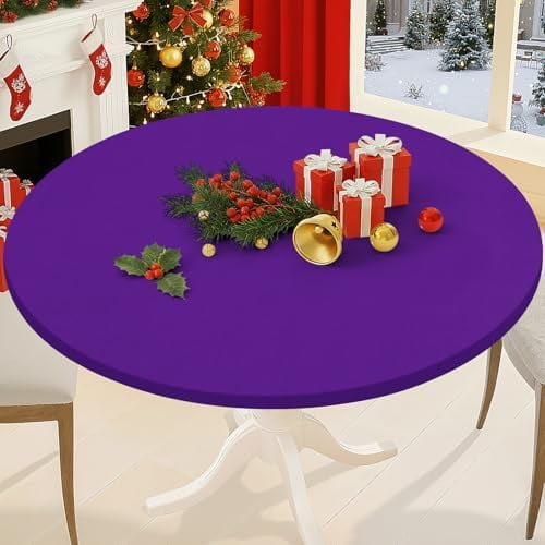 Round Spandex Tablecloth, Elastic Fitted Washable Tablecloths for 45"-56" Tables, Waterpoof Stretch Picnic Table Cover for Dining, Indoor and Outdoor, Purple