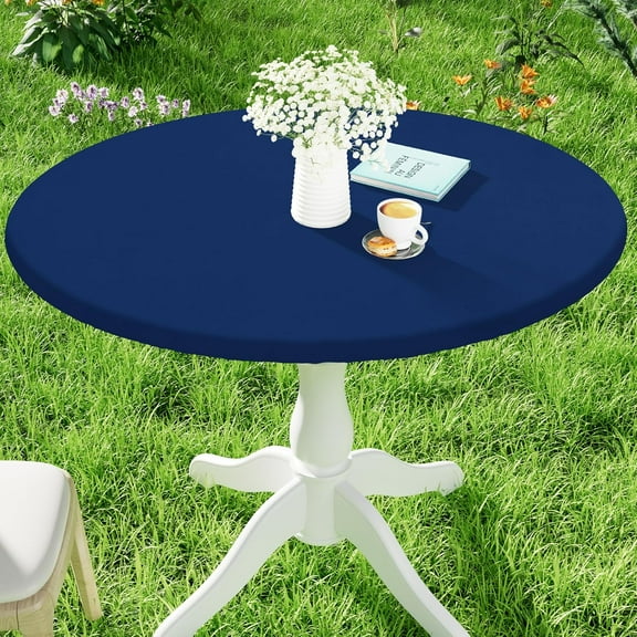 Round Spandex Tablecloth, Elastic Fitted Waterproof Tablecloths for 36"-44" Tables, Stretch Washable Picnic Table Cover for Camping, Dining, Indoor and Outdoor, Navy