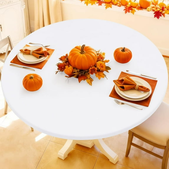 Round Spandex Tablecloth, Elastic Fitted Waterproof Tablecloths for 36"-44" Tables, Stretch Washable Picnic Table Cover for Camping, Dining, Indoor and Outdoor, White