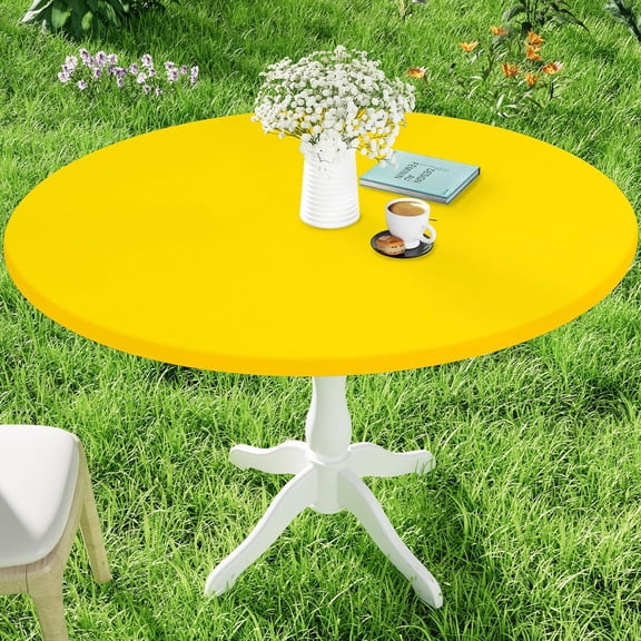 Round Spandex Tablecloth, Elastic Fitted Waterproof Tablecloths for 36"-44" Tables, Stretch Washable Picnic Table Cover for Camping, Dining, Indoor and Outdoor, Yellow