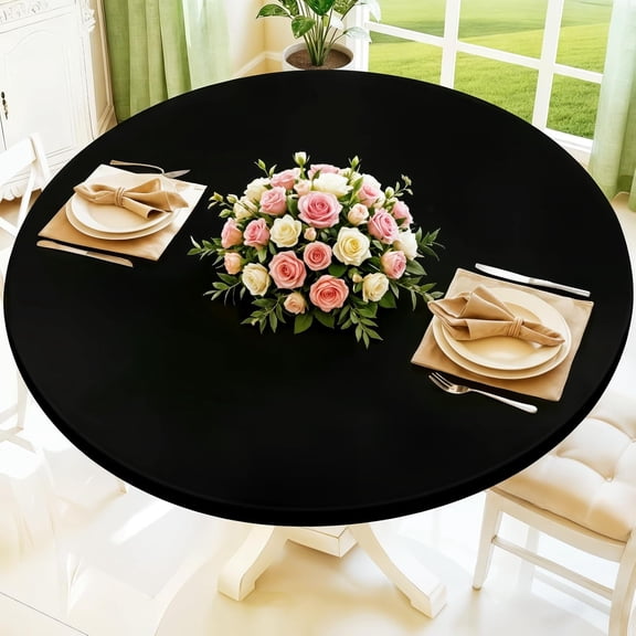 Round Spandex Tablecloth, Elastic Fitted Waterproof Tablecloths for 45"-56" Tables, Stretch Washable Picnic Table Cover for Camping, Dining, Indoor and Outdoor, Black