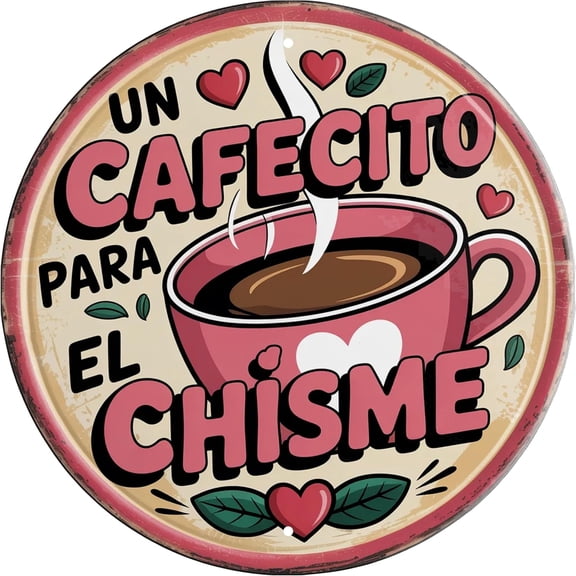 Round Spanish Metal Kitchen Wall Decor Sign, 8 x 8 Inch Bilingual Plaque, Un Cafecito Para El Chisme