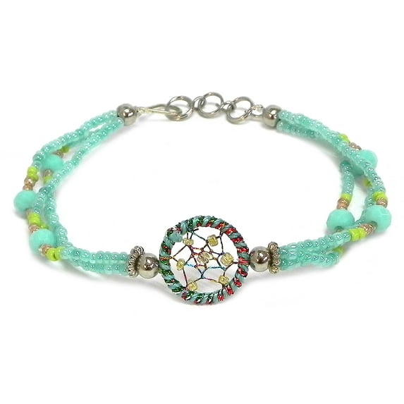 Round Sparkling Thread Dream Catcher Multicolored Crystal Seed Beaded Multi Strand Bracelet - Womens Southwest Fashion Handmade Jewelry Boho Accessories