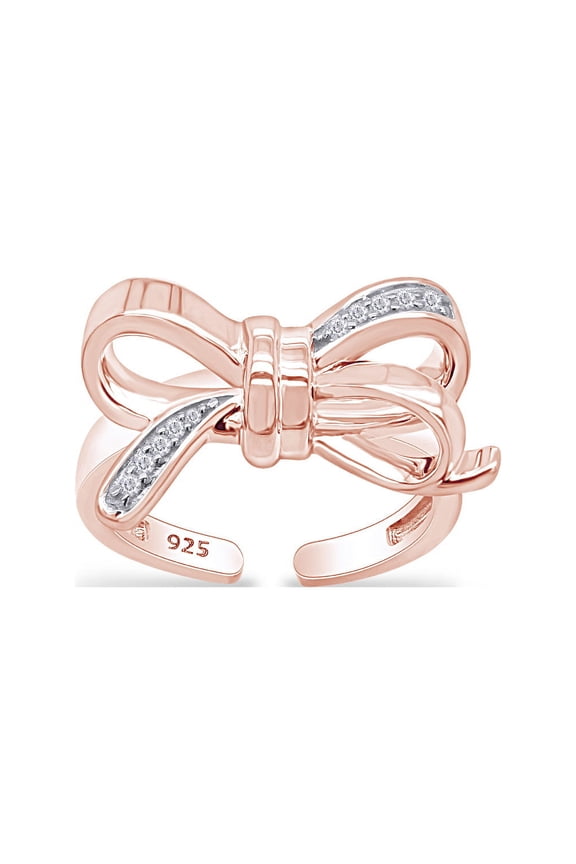 Round Sparkling White Cubic Zirconia Adjustable Bow Stackable Promise Ring 14k Rose Gold Over Sterling Silver for women
