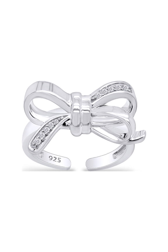 Round Sparkling White Cubic Zirconia Adjustable Bow Stackable Promise Ring 14k White Gold Over Sterling Silver for women