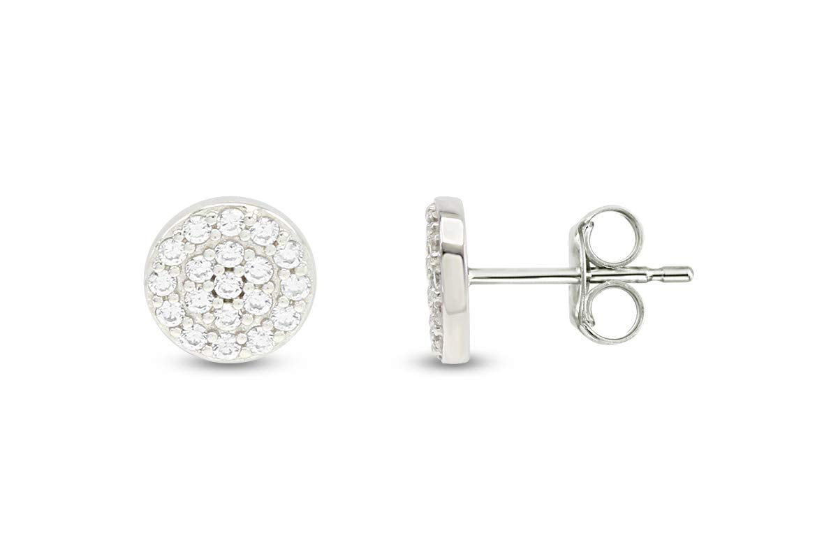 Round Sparkling White Cubic Zirconia Dainty Disc Stud Earrings 14k White Gold Plated 925 Sterling Silver with push-backs