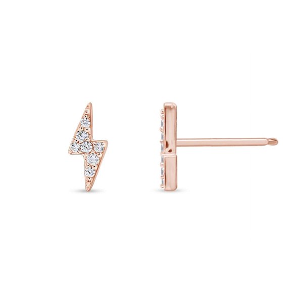 Round Sparkling White Cubic Zirconia Dainty Lightning Bolt Stud Earrings 14k Rose Gold Plated 925 Sterling Silver with push-backs