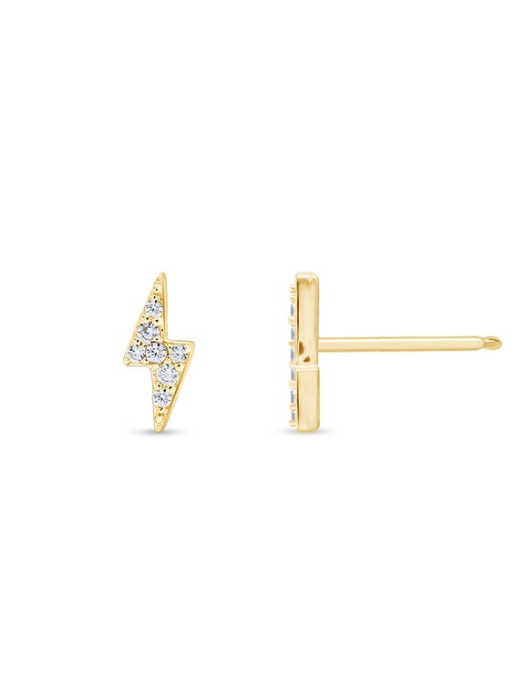 Round Sparkling White Cubic Zirconia Dainty Lightning Bolt Stud Earrings 14k Yellow Gold Plated 925 Sterling Silver with push-backs