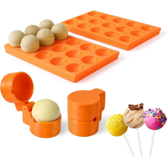 Round Sphere Cake Pop Mold Press with Tray Set, 3D Printed Cake Pop Shapes Cutter and Pusher Kit, Baking Molds Accessories Supplies for Home Baking, Birthday Parties,Wedding Desserts
