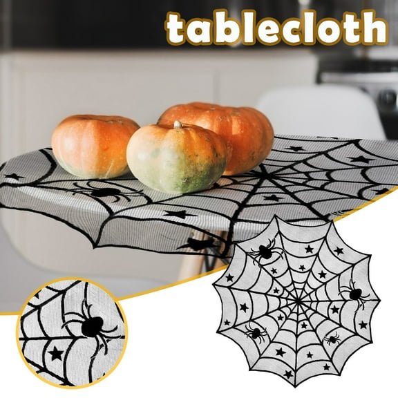 Round Spider Web Tablecloth,Black Lace Overlay Tabletop Gothic Halloween Decor,Round Cobweb Table Topper,Halloween Spider Web Tablecloth, Black Lace Bat Spiderweb Table Cover for Dinner Party Decor