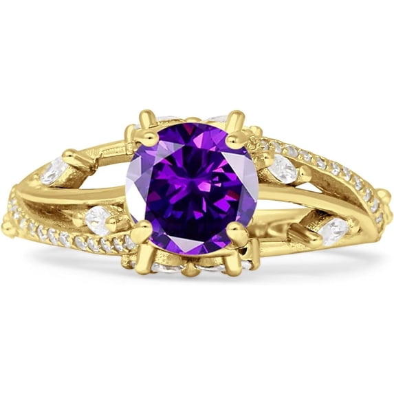 Round Split Shank Ring Amethyst Cubic Zirconia Yellow Tone 925 Sterling Silver, Size 9