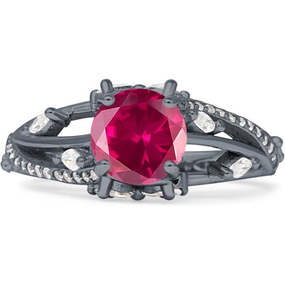 Round Split Shank Ring Ruby Cubic Zirconia Black Tone 925 Sterling Silver, Size 10