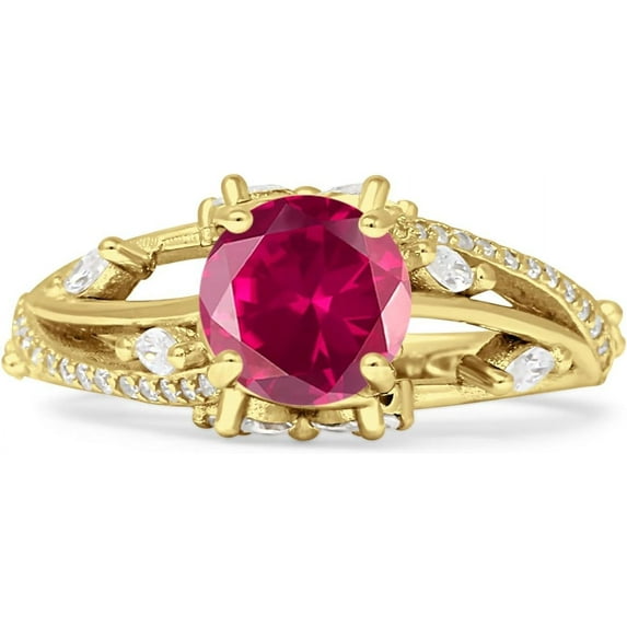 Round Split Shank Ring Ruby Cubic Zirconia Yellow Tone 925 Sterling Silver, Size 9