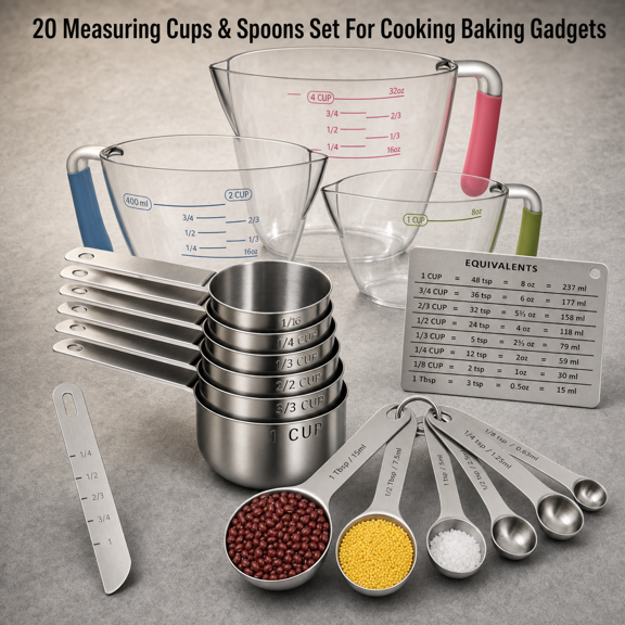 Round Spoons Set 20 Piece Measuring Cups and Spoons Set Stainless Steel Kitchen Cooking Baking Utensils