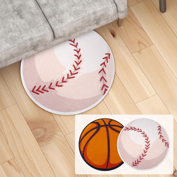 Round Sports Themed Rug - Basketball and Baseball Patterned Floor Mat, Non Slip Bedside Carpet for Bedroom and Living Room, Durable Soft Area Rug for Gaming Space and Home Decor