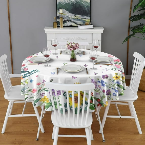 Round Spring Summer Tablecloth 60 x 60 inch, Spring Floral Watercolor Table Cloth, Waterproof Wrinkle Resistant Tablecloth, Spring Summer Decoration for Holiday Kitchen Dining Room